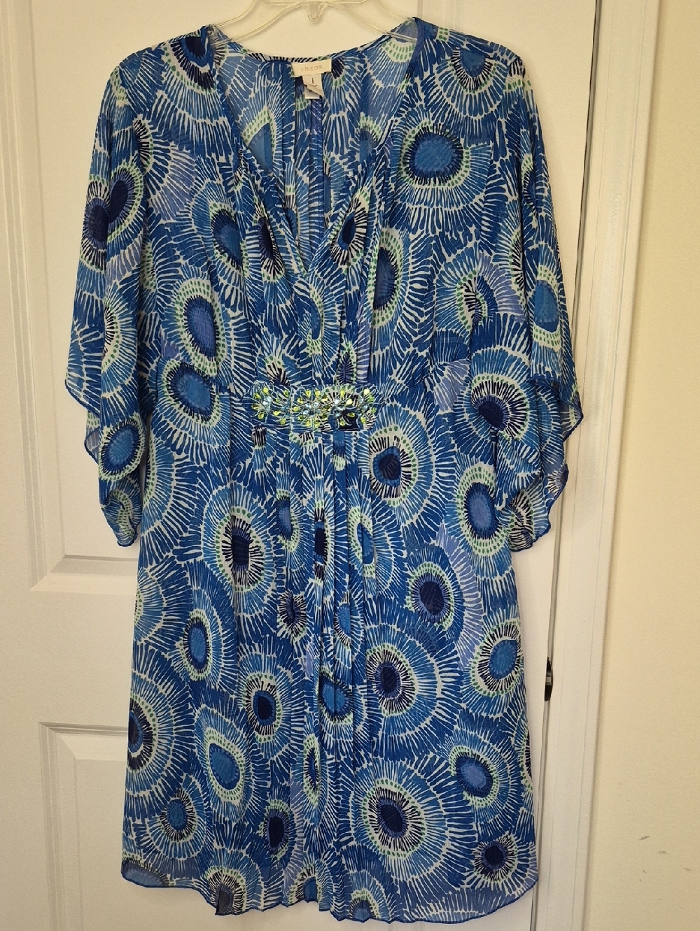Chico's Women's Blue & Aqua Printed Midi Dress Beaded Size 1
